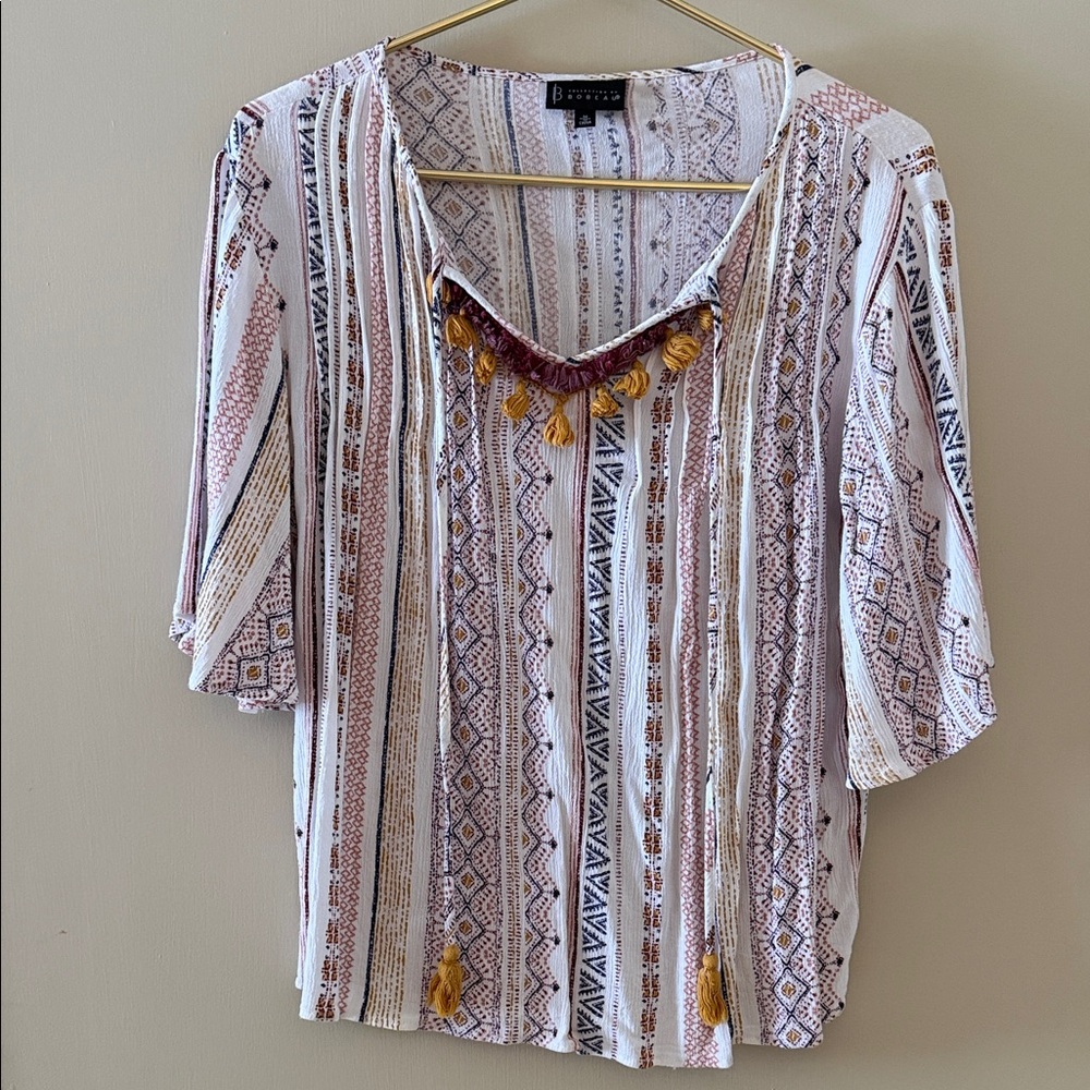 V-Neck Boho Peasant Blouse with Tassels and Tie